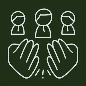 Line drawing of three people above open hands